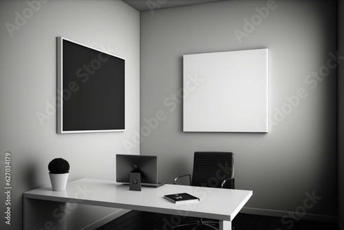 View of dim office corner  blank displayed canvas. Generative AI