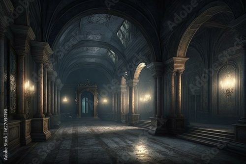 A nighttime hall of a deserted palace or castle. Generative AI © Meliora