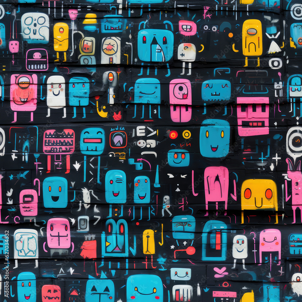 Graffiti art animal repeat pattern, colorful funky 
