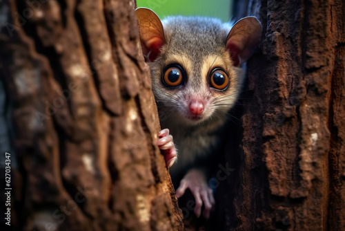 Gray mouse lemur hiding in a tree hole. Amazing wildlife. Generative Ai © Shootdiem