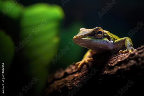 Cute close-up of a Gecko in a tree trunk in the forest. Amazing wildlife. Generative Ai