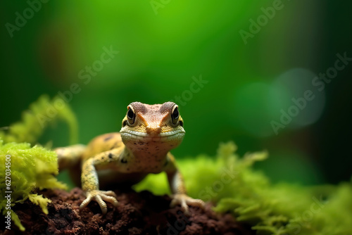 Cute close-up of a Green Gecko in a tree trunk with moss in the forest. Amazing wildlife. Generative Ai © Shootdiem