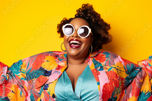 plus sized smiling happy black woman with afro wearing bright clothes on a pastel background, studio shot