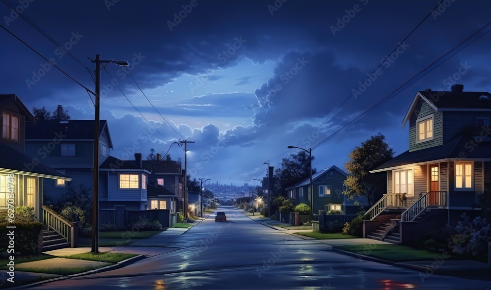 Street in suburb district. Ai art. Suburban cottages 