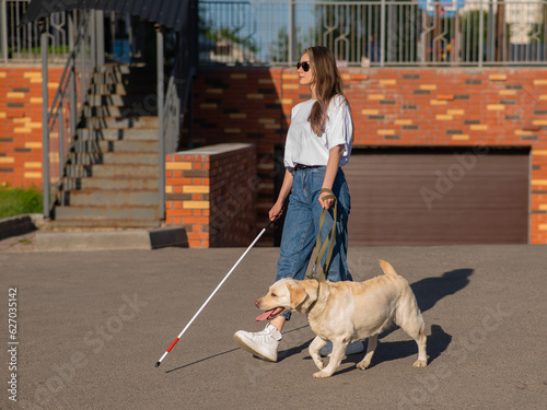 Blind woman walking with guide dog. 