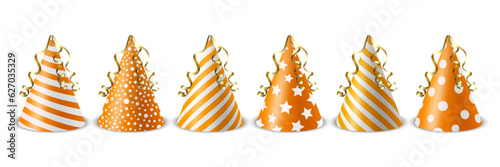 Vector 3d Realistic Orange and White Birthday Party Hat Icon Set Isolated on White Background. Party Cap Design Template for Party Banner, Greeting Card. Holiday Hats, Cone Shape, Front View