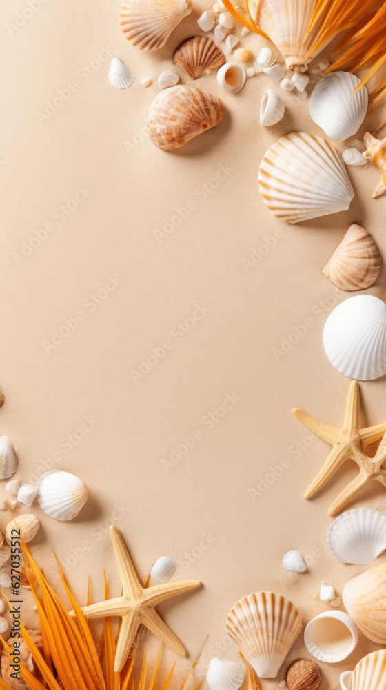 Arial view of a sandy beach with shells at the bottom and the top. Flat top summer concept background with lots of negative space for copy space. Arial view of a sandy beach with shells at the bottom and the top. Flat top summer concept background with lots of negative space for copy space.
