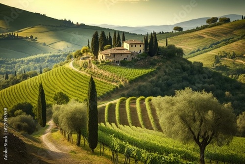 Tuscany's undulating terrain adorned with grapevines and olive orchards. Generative AI
