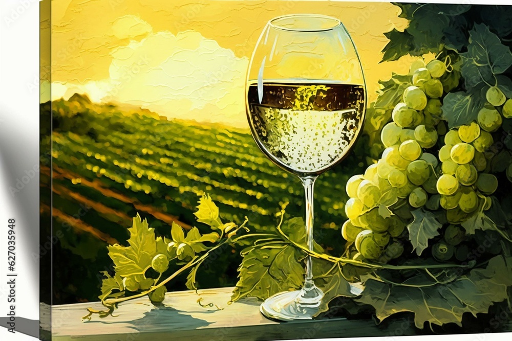 Drinking white wine in vineyards. Horizontal artwork. Generative AI
