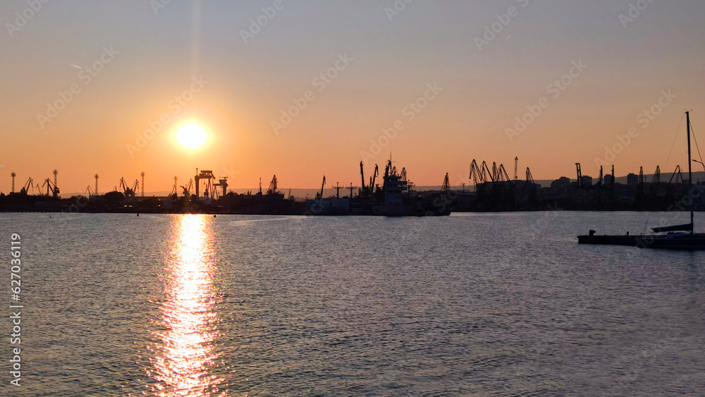 Horizontal panorama of the seaport in Varna Bulgaria at sunset