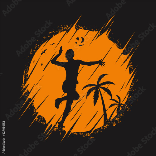 abstract silhouette of woman volleyball player and beach sunset view