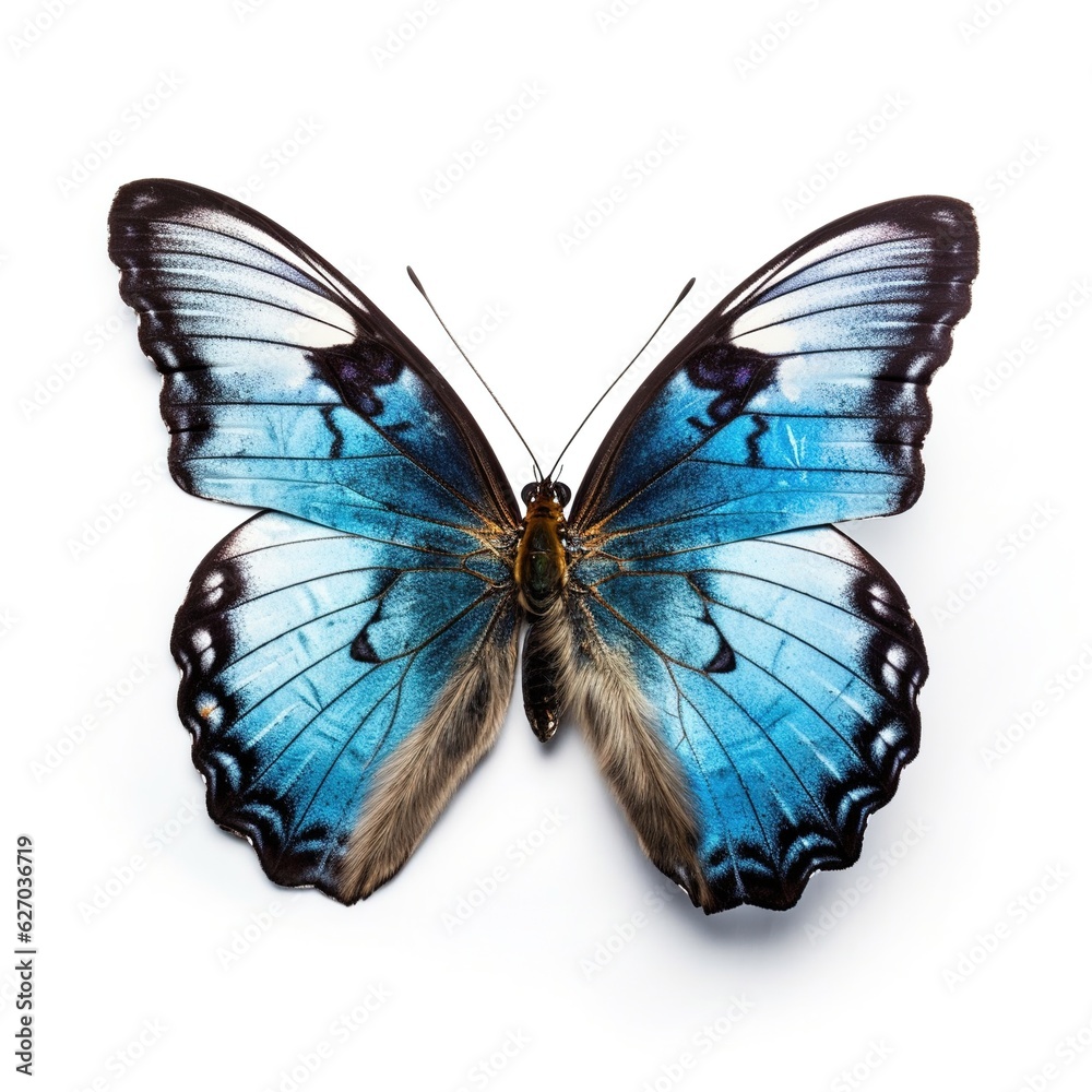 Obraz premium Blue Morpho Butterfly on white isolated background, AI generation