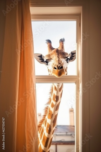 A laughing giraffe peers into a house window, the concept of curiosity and interest, AI generation