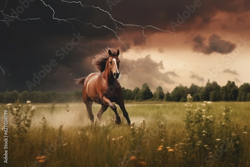 A horse runs quickly through a meadow in stormy weather. Generation AI