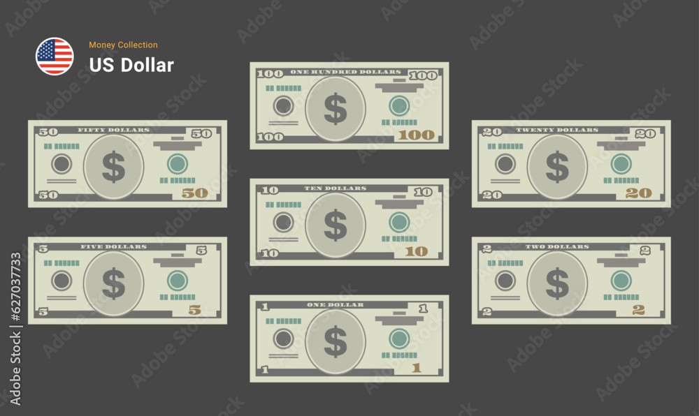 US Dollar bills. American money banknotes. Currency vector set. Stylized drawing of bills 100, 50, 20,10, 5, 2, 1. Flat vector illustration. US Dollar bills. American money banknotes. Currency vector set. Stylized drawing of bills 100, 50, 20,10, 5, 2, 1. Flat vector illustration.