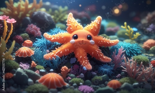 Cute Starfish Underwater With Coral And Reef, 3D Render