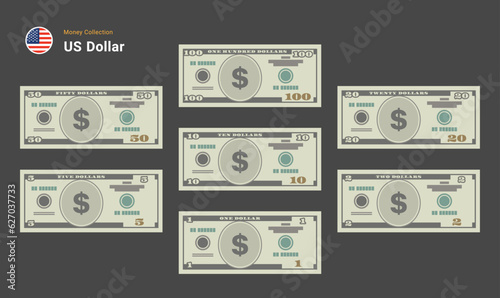 US Dollar bills. American money banknotes. Currency vector set. Stylized drawing of bills 100, 50, 20,10, 5, 2, 1. Flat vector illustration.