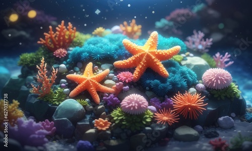 Cute Starfish Underwater With Coral And Reef, 3D Render © SyabilaSyifa
