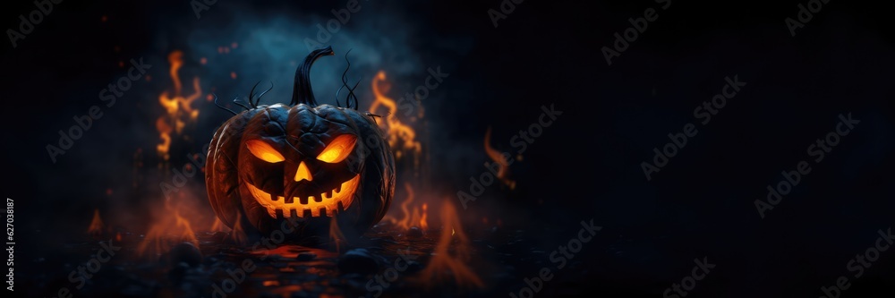 Fototapeta premium Halloween background. Spooky pumpkin with dark forest. Halloween design with copyspace, generative ai