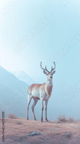 Deer in natural scenes, animal photography,Serene Deer in a Foggy Mountain Field,deer in the mountains