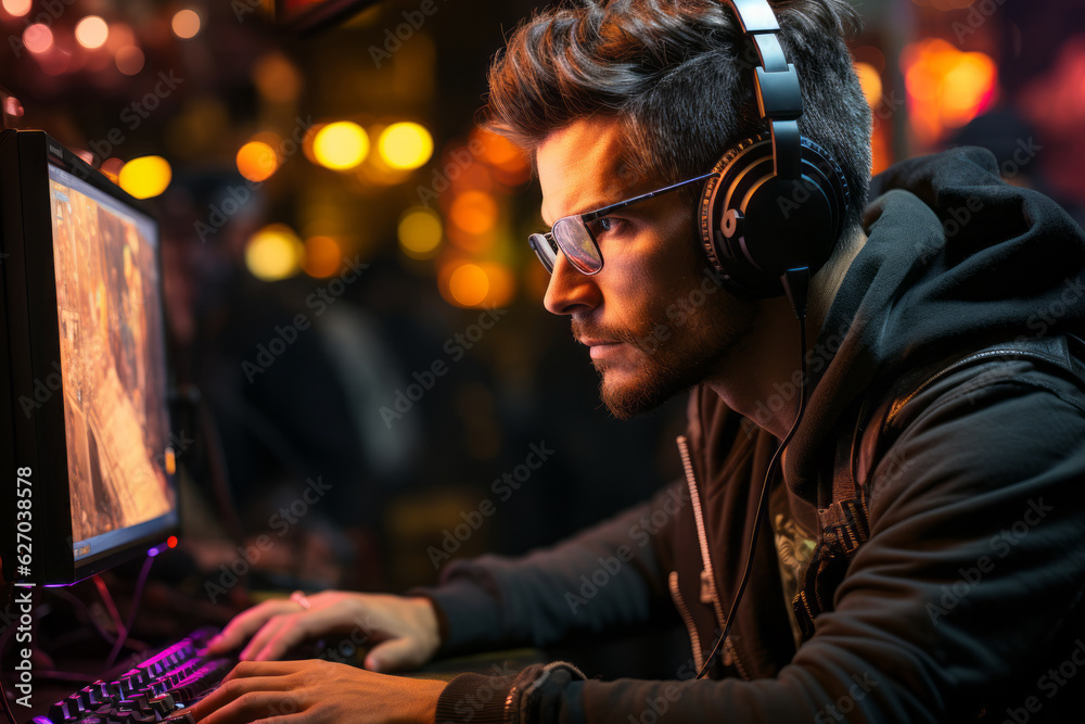 A professional gamer in action, fully immersed in gameplay, with intense focus and determination. Generative AI A professional gamer in action, fully immersed in gameplay, with intense focus and determination. Generative AI