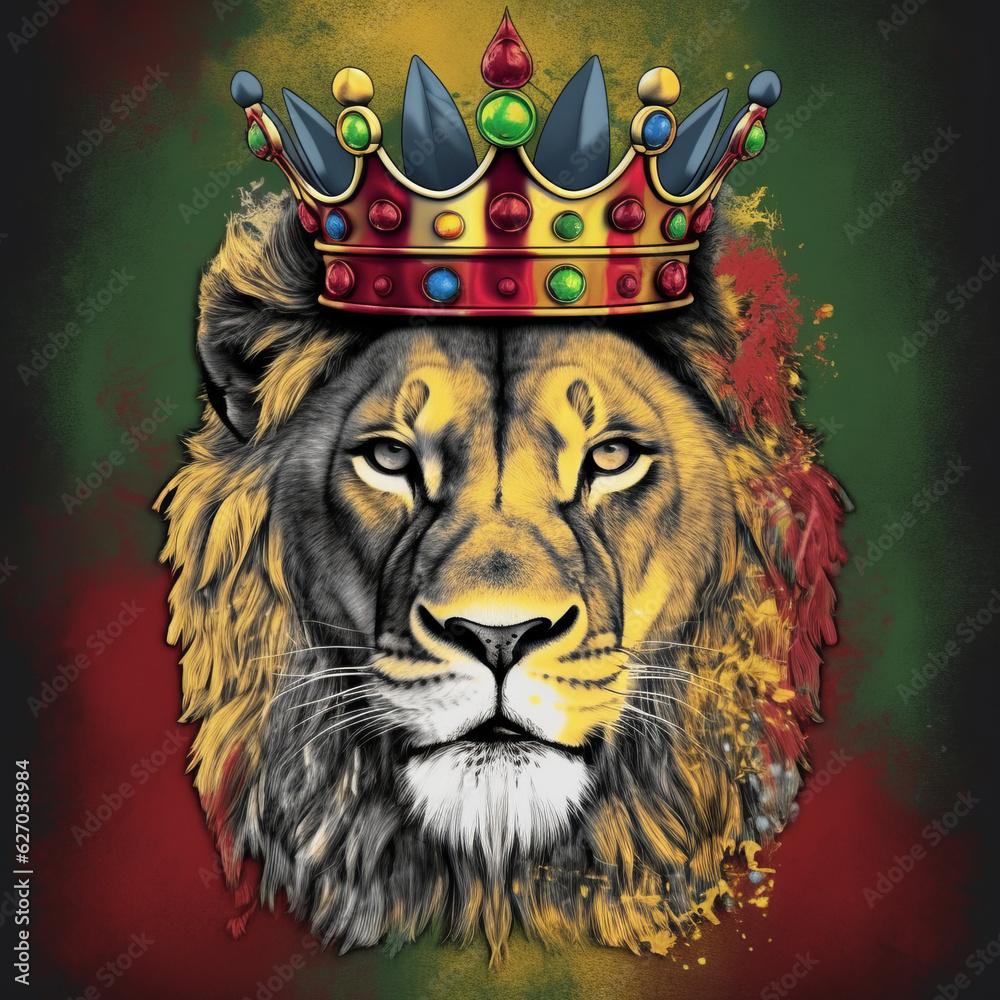 Obraz premium Lion with the colors of reggae, Lion with crown, Lion king, lion king, colorful lion