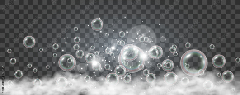 Air bubbles on a transparent background. Soap foam vector illustration.
Air bubbles on a transparent background. Soap foam vector illustration.