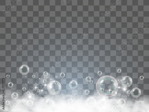 Air bubbles on a transparent background. Soap foam vector illustration.	

