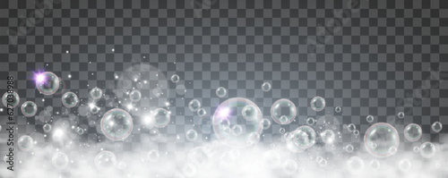 Air bubbles on a transparent background. Soap foam vector illustration.	

