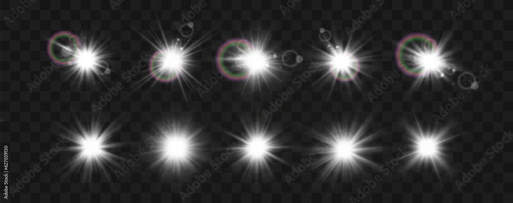 Set of bright light effects.Beautiful stars on the background.	


