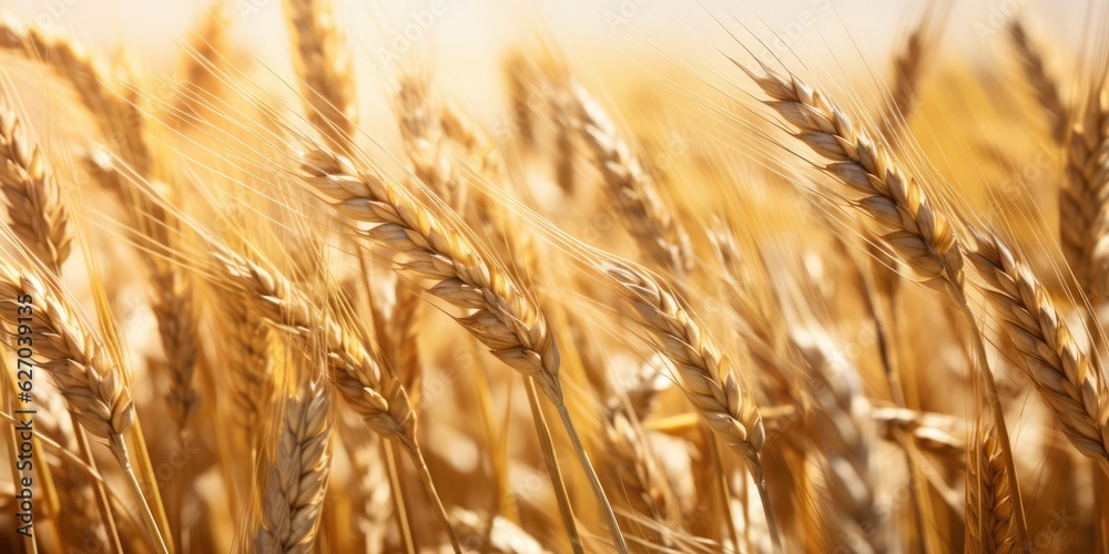 Fototapeta premium Close up of wheat ears, field of wheat in a summer day. Background of ripening ears of wheat field. Rich harvest Concept, generative ai