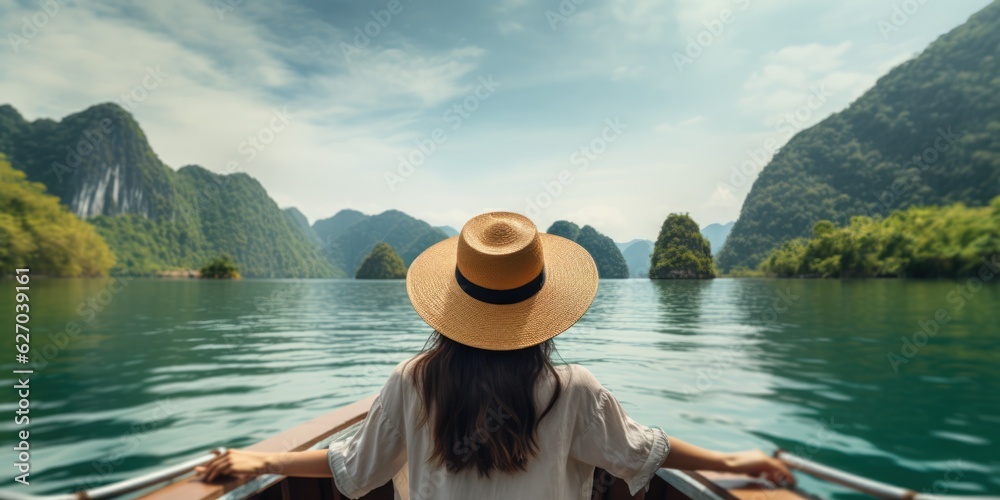 Back view of the young woman tourist in straw hat relaxing on the boat and looking forward into sea. Travelling tour in Asia, generative ai - obrazy, fototapety, plakaty 