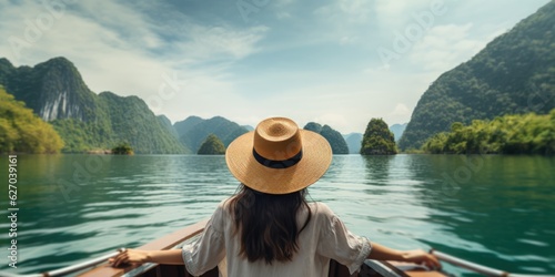 Back view of the young woman tourist in straw hat relaxing on the boat and looking forward into sea. Travelling tour in Asia, generative ai