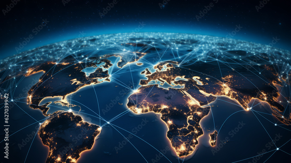 Planet Earth at night seen from space showing North America, South America, Europe, Africa, Asia and the Middle East connected in a global network, technology and global community concept. - obrazy, fototapety, plakaty 