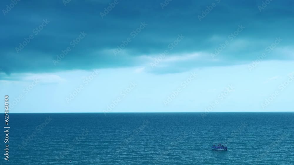 Aerial View Sea Horizon Part Stormy Sky Dark Cloud Part Sea, Seascape 4K. Ocean and Dramatic Cloudy Sky. Aerial View Sea Horizon Part Stormy Sky Dark Cloud Part Sea, Seascape 4K. Ocean and Dramatic Cloudy Sky.
