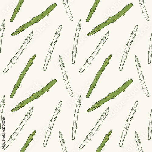 Seamless pattern with asparagus and hand drawn vector illustration. Repeating background with sparrow grass. Decorative ornament in boho style design element for print, wrapping, paper, fabric, label
