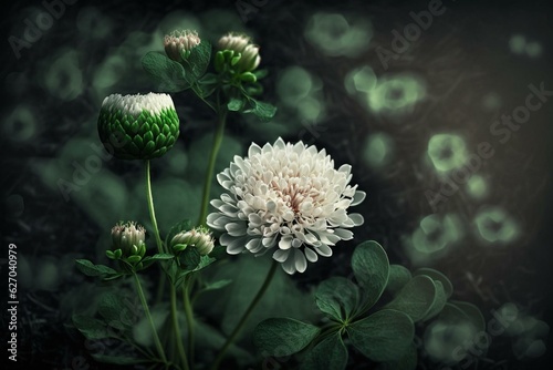 Nature backdrop with a white clover blossom. Generative AI