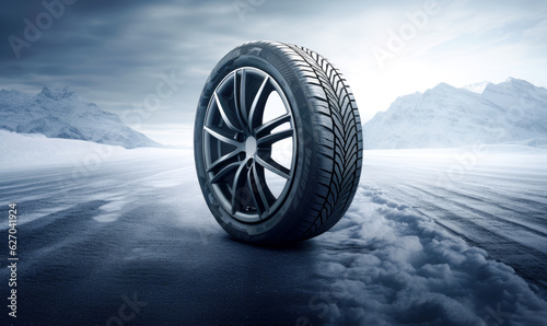 Brand new winter car tires showcased against a snowy road backdrop.