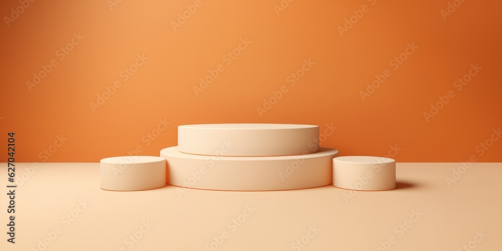 Podium cream and beige minimal on orange background. stand to show products. Stage Showcase on pedestal beige, generative ai Podium cream and beige minimal on orange background. stand to show products. Stage Showcase on pedestal beige, generative ai