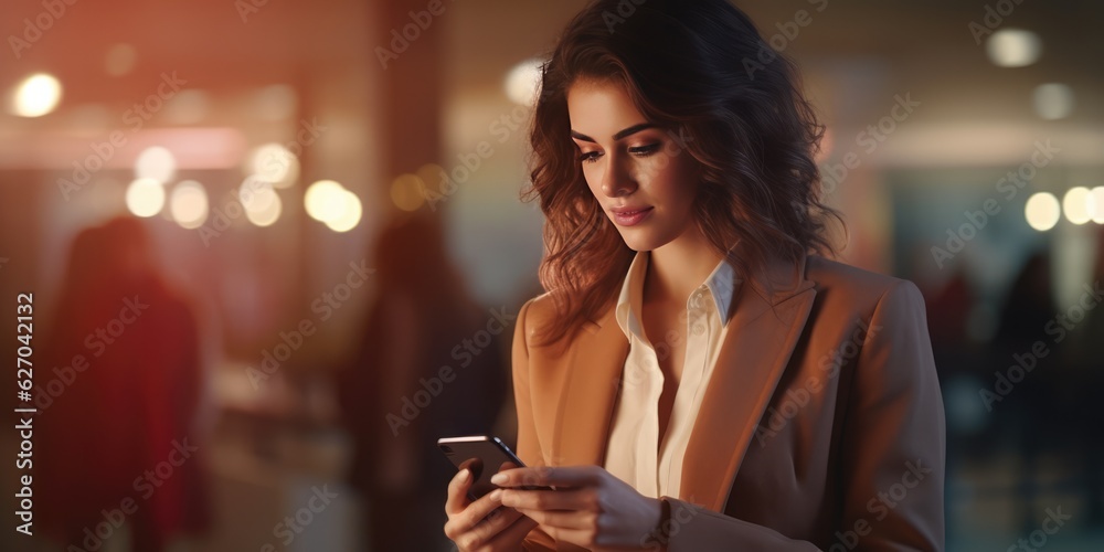 Beautiful businesswoman using mobile smartphone in office. Small business entrepreneur looking at her mobile phone, generative ai