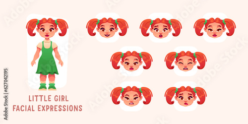 Cute Little Girl Facial Expressions. Character Design.Vector Set Illustration in Cartoon Style. 