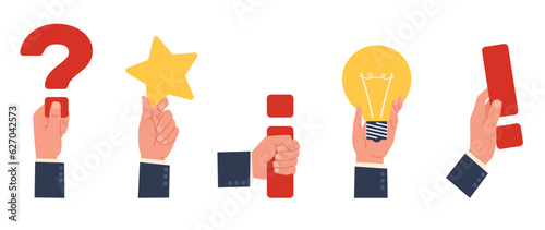 Business people hands hold symbols of question, star, bulb, exclamation point. Human arms with various objects. FAQ and idea sign, attention mark. Cartoon flat isolated vector concept