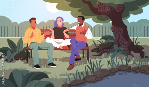 Happy friends group on bench. Youth resting in park, people sitting by pond, funny gatherings, animated conversation, men and women meeting, cartoon flat isolated tidy vector concept