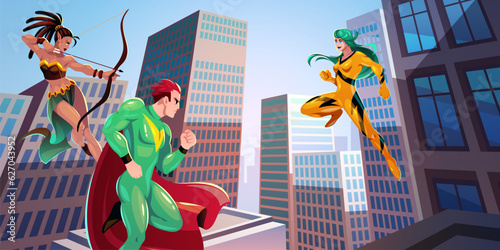Superheroes team in city. Cartoon characters in color costumes with superpowers and skills fight among skyscrapers, powerful heroes man and woman on cityscape background, tidy vector concept