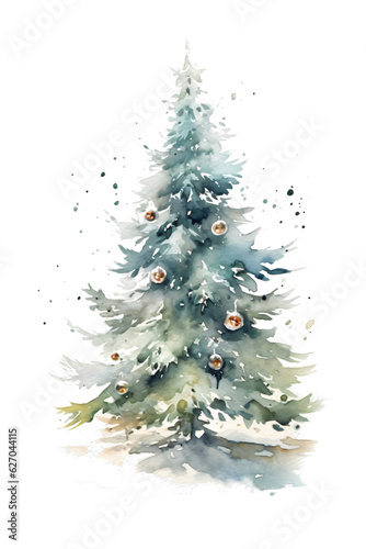 christmas tree with decoration in watercolor painting design isolated against transparent background