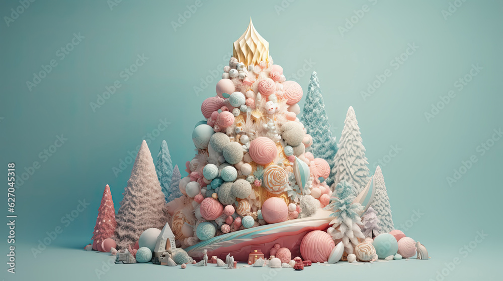 Obraz premium Happy new year festive abstract design. Soft pastel color blue and pink white. Christmas trees, colorful winter landscape