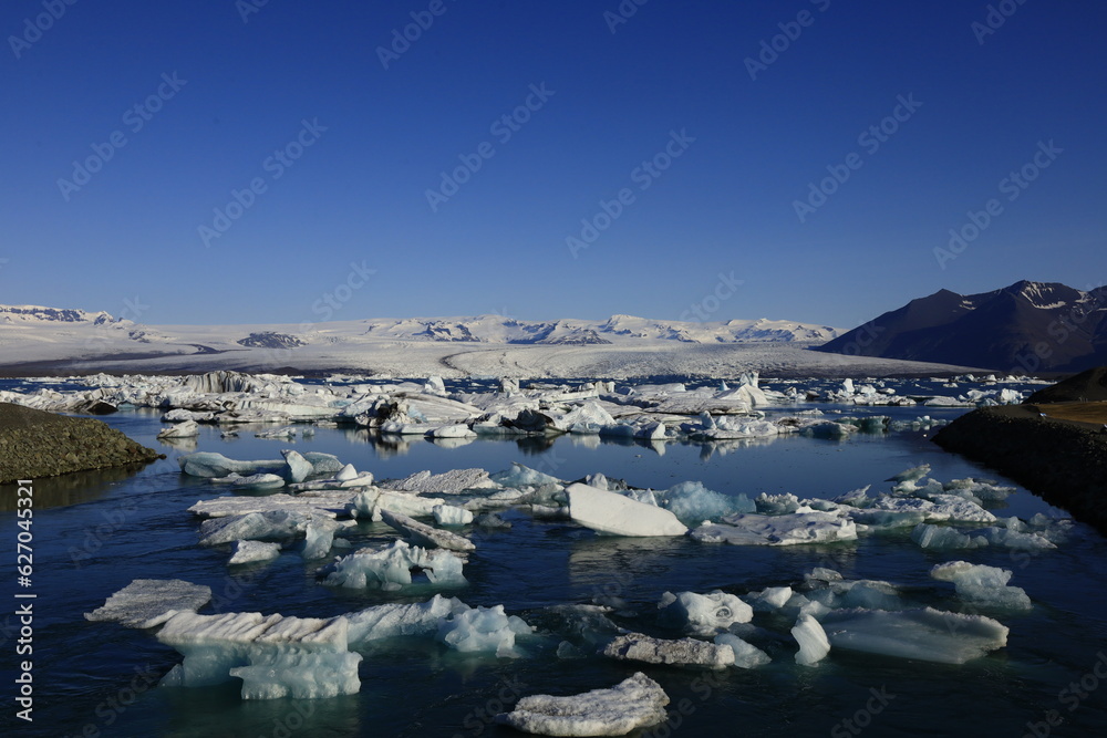 View on Jökulsárlón which is a large glacial lake in southern part of Vatnajökull National Park in the south of Iceland