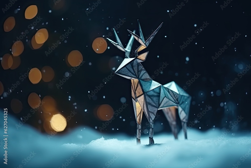 Fototapeta premium Merry christmas happy new year fancy gold deer shape in origami style on snowy background. Beautiful christmas background. Ai generative