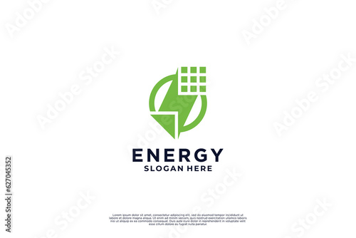 Solar energy logo design with lightning. environmentally friendly solar energy