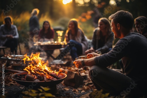A group of people sitting around a fire pit. Autumn, Thanksgiving arty, Fall decor.